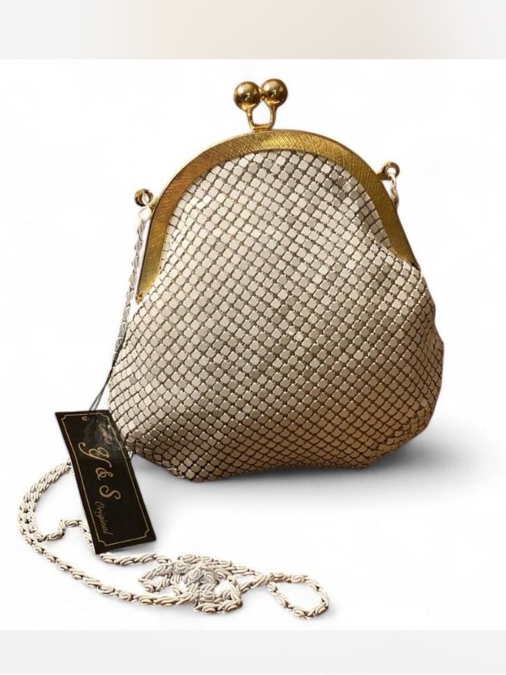 Vintage White Mesh Kiss Lock Clutch Gold Hardware Bridal Evening Bag Y2K NWT
